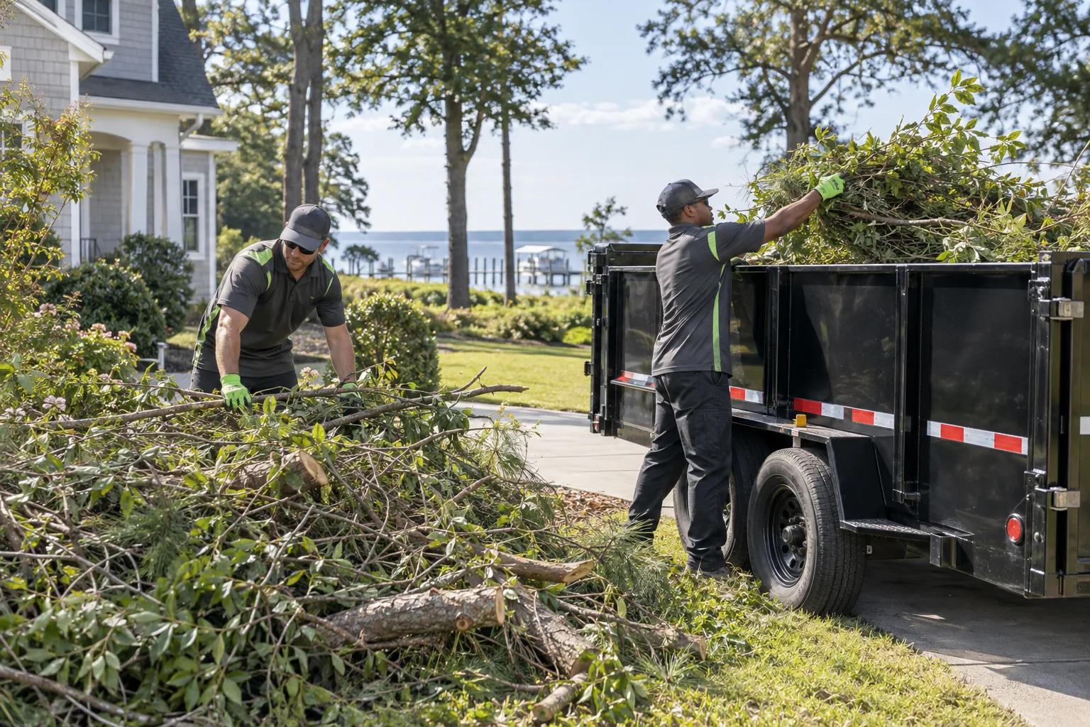 Crew loading brush and yard debris into a trailer